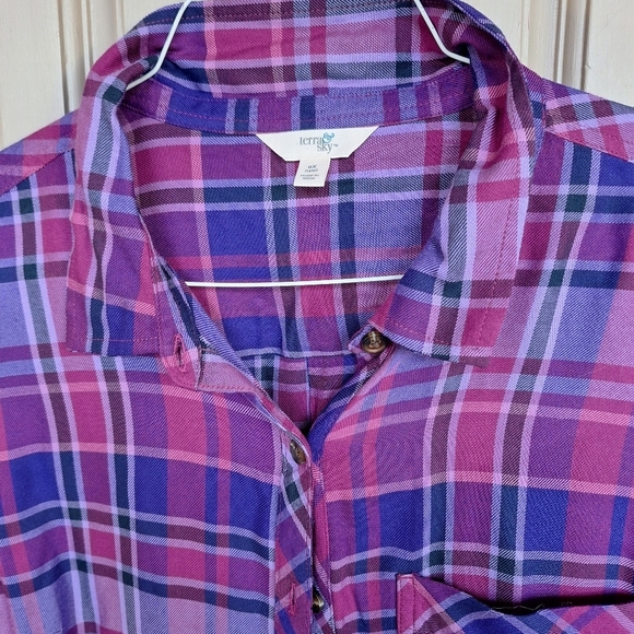 Terra Sky Shirt Plus Sz14W Plaid Pink/Purple Long Sleeves Collar/Cuff Pleat Back - Picture 5 of 10